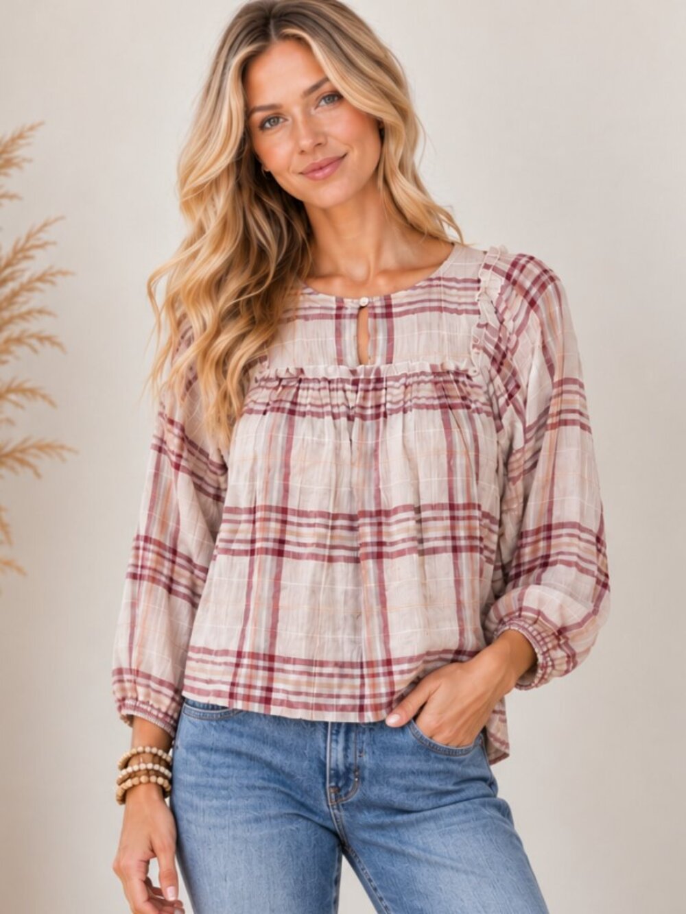 117. Yarn Dye Plaid Ruffle Top